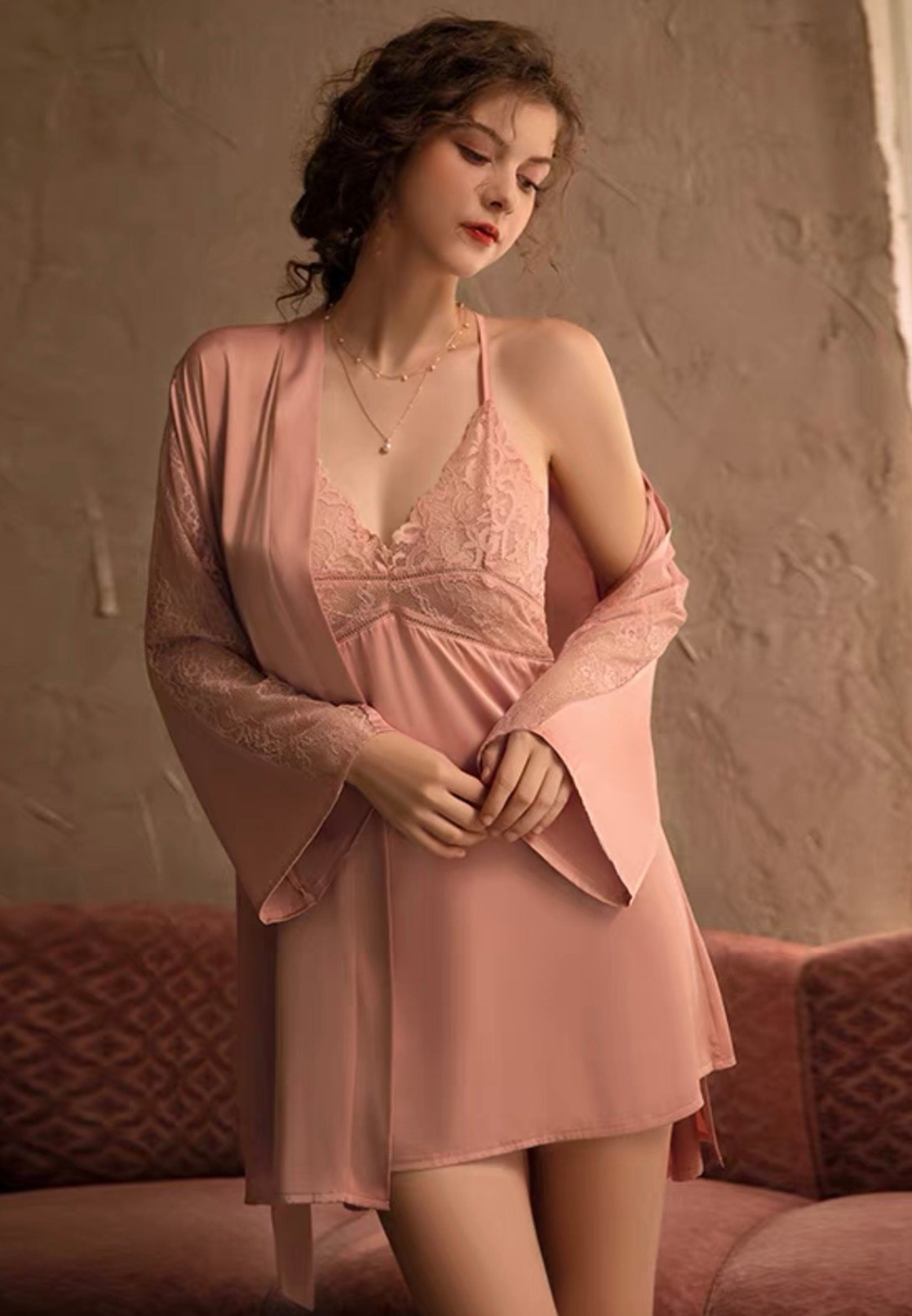 Luxurious Lace Satin Bridal Lingerie Set with Nightgown & Robe - 7 Colors Next Day Shipping