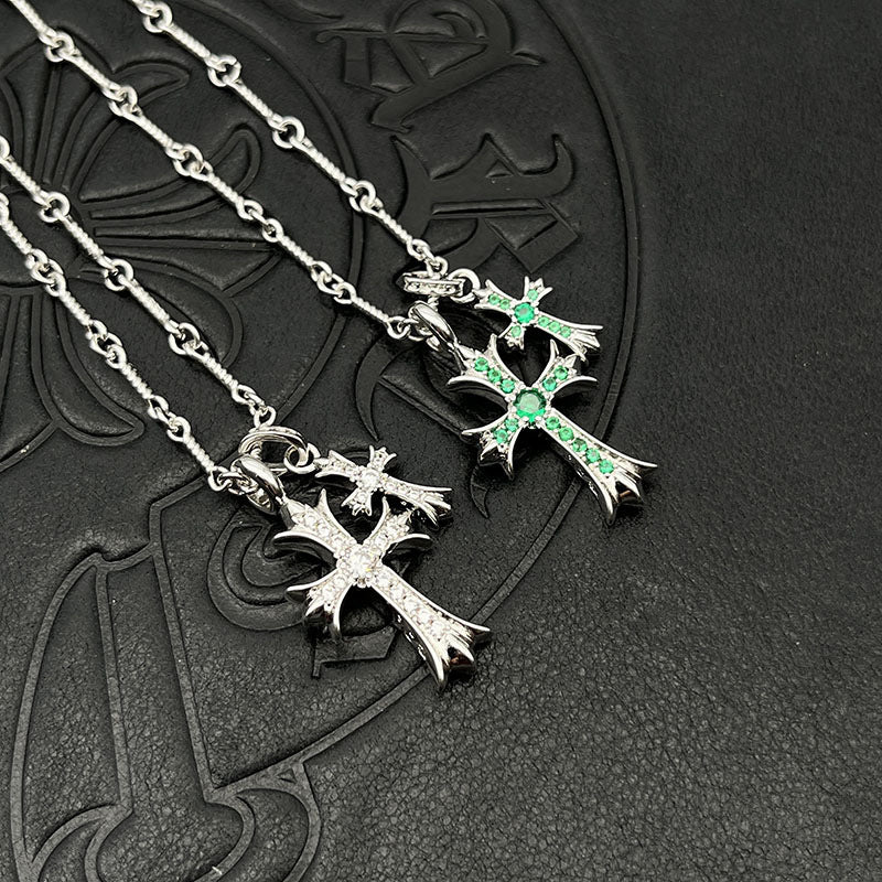 Punk hip-hop Thai silver plated 22K white gold double cross color diamond necklace sweater chain