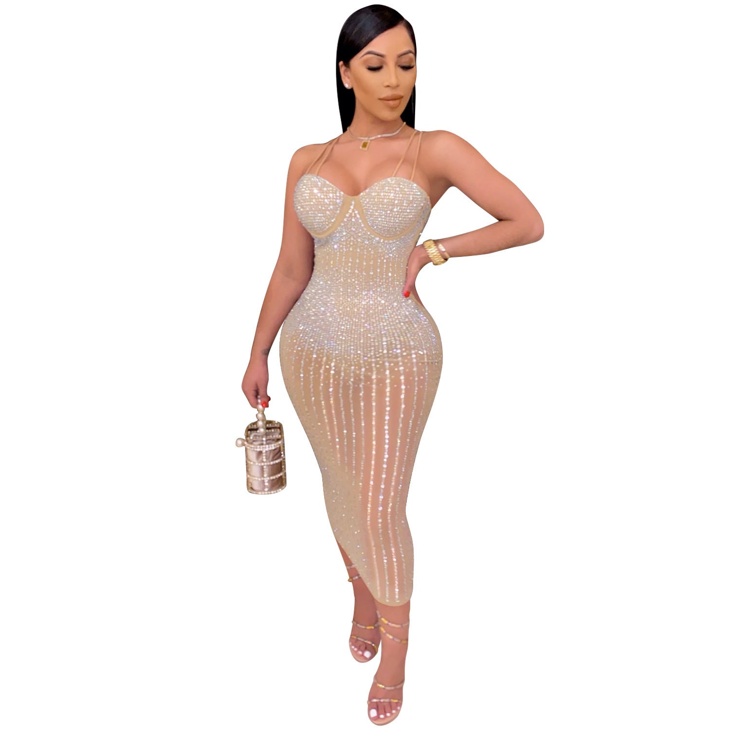 Women Wear Nightclub Sexy Mesh See through Rhinestone Strap Dress