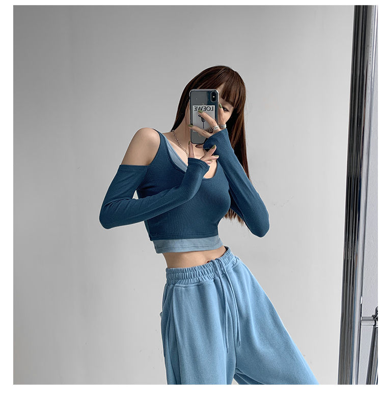 Patchwork Women's T-shirt Fake Two-piece Slim Long Sleeve Y2K Crop Tops Woman