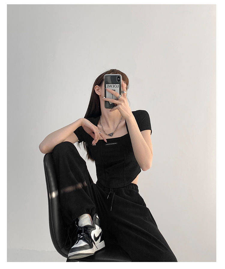 Curved Crop Tops Women Summer Square Collar Short Sleeve T-Shirt Fashion Slim Woman