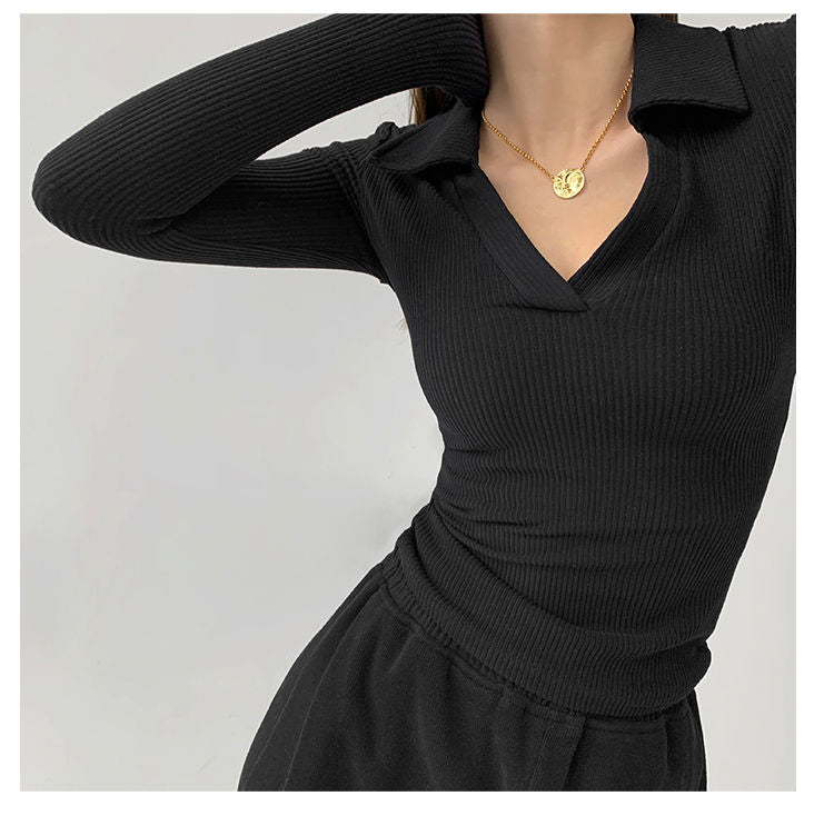 Sexy V-Neck Slim Fitness Women's T-Shirt Long Sleeve Polo Shirt Woman High Waist Cropped Tops