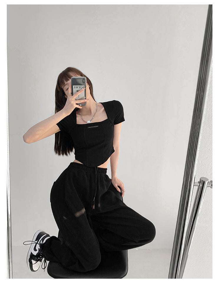 Curved Crop Tops Women Summer Square Collar Short Sleeve T-Shirt Fashion Slim Woman